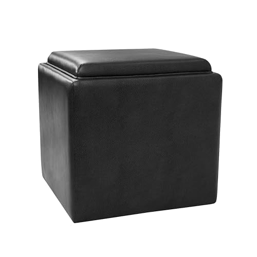 HomePop 17.5" Storage Ottoman with Tray Top - Black Faux Leather - color: Black Faux Leather