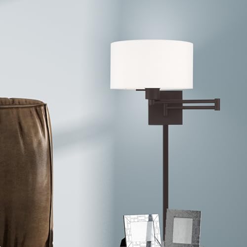Livex Lighting 40036-07 1-Light Swing Arm Wall Light, Bronze | Off-White Fabric Shade - color: Bronze