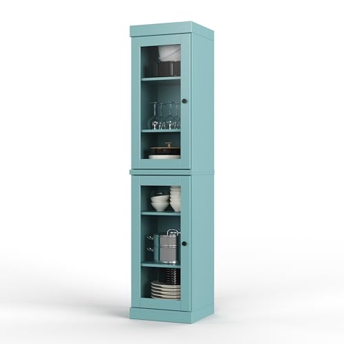 Solid Wood Kitchen Pantry Cabinet w/Glass Doors - Narrow Storage Cabinet - 16.5" Wide x 71.5" Tall - Aqua, Adjustable Shelves, 100% Eco-Friendly Wood, Modular Cabinets - color: Aqua, style: Clear Glass Doors