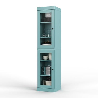 Solid Wood Kitchen Pantry Cabinet w/Glass Doors - Narrow Storage Cabinet - 16.5" Wide x 71.5" Tall - Aqua, Adjustable Shelves, 100% Eco-Friendly Wood, Modular Cabinets - color: Aqua, style: Clear Glass Doors
