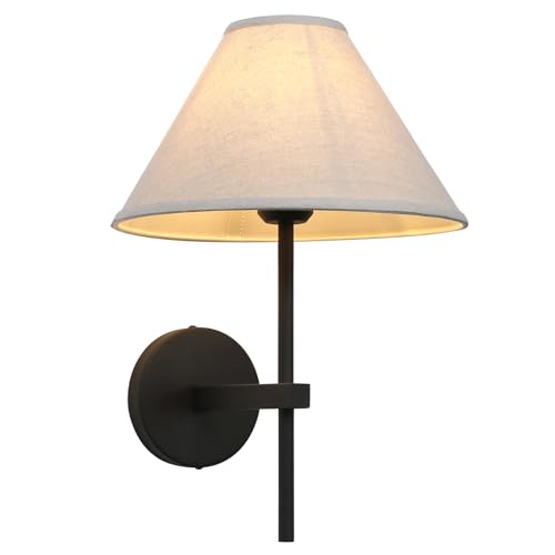 Hardwired Linen Wall Sconce Big Cone Fabric Lampshade | Vintage Wall Vanity Light Fixture Upwards Install, Indoor Bedside Lamp Victorian Decor for Living Room, Foyer - color: Black
