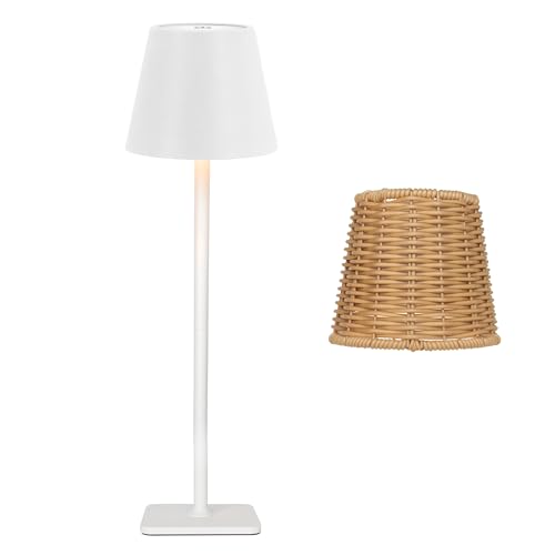 Mr. White Outdoor Waterproof Cordless Wireless Rechargeable Portable Top Touch Battery Operated Powered LED Table Lamp Desk Lamp Lights for Restaurant Kitchen Patio Dinner Dining (White) - color: White+Wicker Lampshade