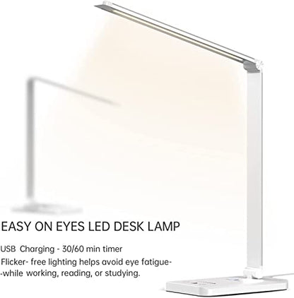 Ambertronix LED Desk Lamp with USB Charging Port, Dimmable Eye-Caring Reading Desk Light for Home, with 5 Brightness Level & 3 Lighting Modes, Touch Control, Auto Timer (White) - style: Modern
