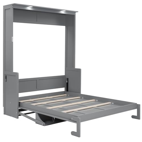 SOFTSEA Queen Size Murphy Wall Bed Frame with Desk, LED Lights, Grey | Space-Saving Vertical Murphy Bed Cabinet with Desk, LED Lights, Charging Station, Hidden Wall Bed for Small Spaces - color: Grey