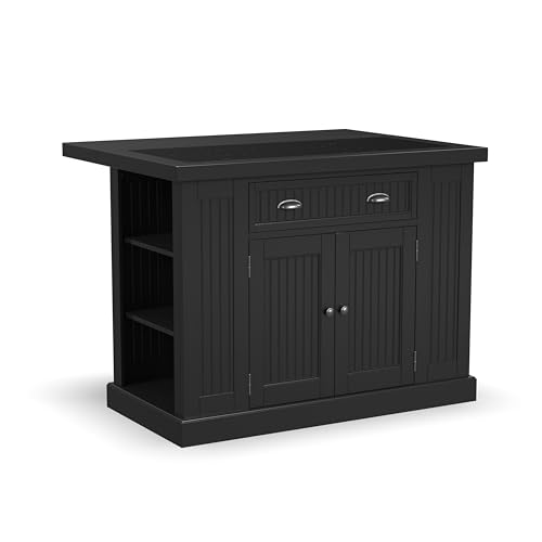 Homestyles Nantucket Distressed Black Kitchen Island with Black Granite and Wood Drop Leaf Breakfast Bar, 48"W