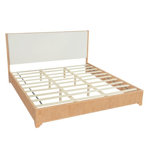 King Size Wood Platform Bed with Fluted Footboard & Fabric Upholstered Headboard, Low Profile Wooden Bed Frame with Wood Slats Support,Natural,White - color: Natural,white, size: King