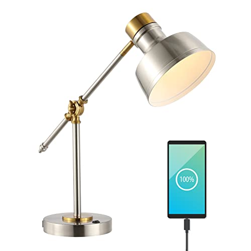 JONATHAN Y Allegra Metal Task Desk Lamp USB Port 18.5", Nickel/Brass Gold | Adjustable Cantilever, Vintage Farmhouse Style, Home Office Reading Light, LED Bulb Included - color: Nickel/Brass Gold