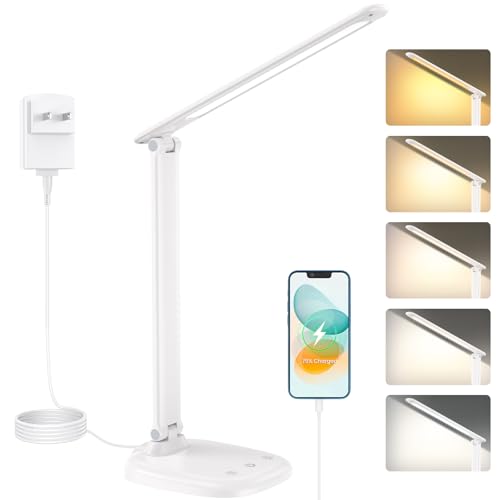 Desk Lamp with Charger, 10%-100% Stepless Dimmable & 5 Color Modes Study Lamp, Touch Control, 30-/60-minute Timer, USB Charging Output Port, CRI≥90, Eye-Caring Foldable LED Desk Lamps for Home Office - color: White-US