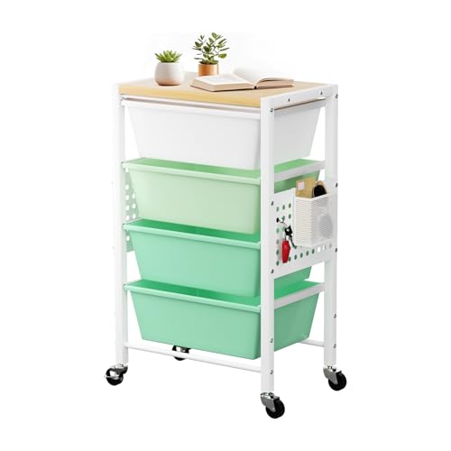 Rolling Cart with 4 Drawers, Plastic Drawer Storage Carts with Wheels & Wooden Tabletop, Metal Utility Cart with Pegboards, Office Living Room Classroom Craft Organization and Storage, Bright Green - color: Bright Green, size: 4-drawer