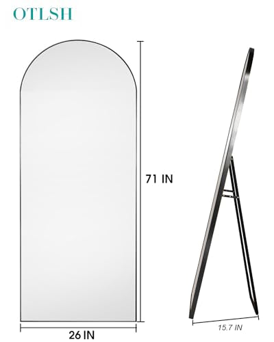 71"26" Arched Floor Mirror With Stand, Black Aluminum Frame, Freestanding or Wall Mounted, Modern Home Decor - color: Black, size: 71"L x 27"W