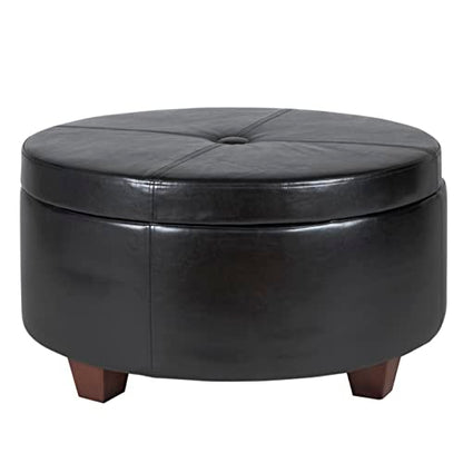 HomePop 32" Large Tufted Round Storage Ottoman - Black Faux Leather - color: Black Faux Leather