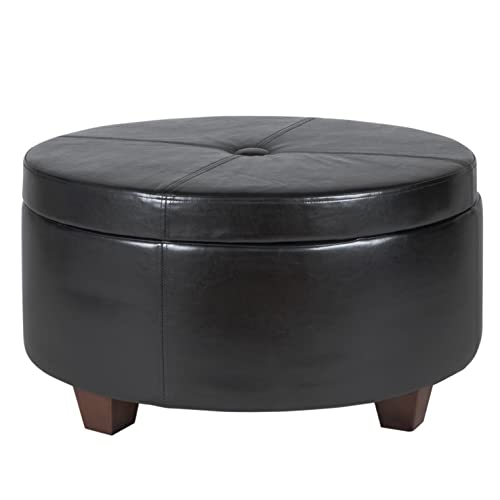 HomePop 32" Large Tufted Round Storage Ottoman - Black Faux Leather - color: Black Faux Leather