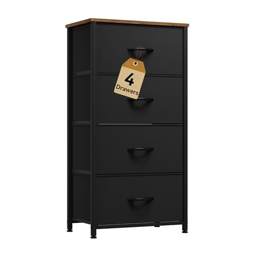DWVO Dresser with 4 Drawers - Fabric Storage Tower | Organizer Unit for Bedroom, Living Room, Hallway, Closets - color: Black and Rustic Brown, style: 4-Drawer