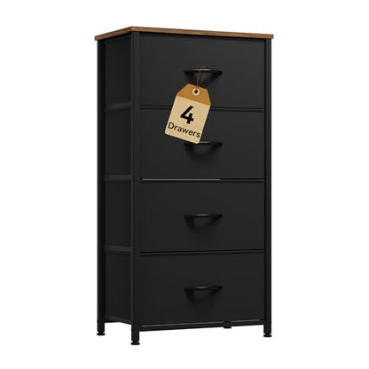 DWVO Dresser with 4 Drawers - Fabric Storage Tower | Organizer Unit for Bedroom, Living Room, Hallway, Closets - color: Black and Rustic Brown, style: 4-Drawer