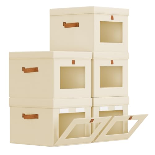 Storage Bins with Lid – Closet Organizer with Side Opening and Clear Window, Foldable Stackable Fabric Basket for Clothes, Home, Office - 13.77" x 11.8" x 9.8", 5 Pack, Beige - color: Beige, size: 13.7 Inch-5 Pack