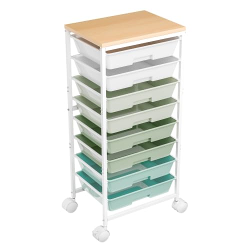 Ekisemio Utility Cart Organizers with Wheels and 8 Drawers, Little Rolling Craft Cart with Wooden Tabletop for Classroom, Office, Living Room, Craft Room, Green