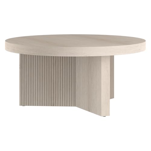 Henn&Hart 32" Scandinavian Fluted Coffee Table, Beech White | Ribbed pedestal base and low profile bring Scandinavian style to small spaces including living rooms or family rooms - color: Beech White, size: 32 inches