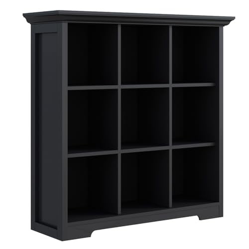 9-Cube Open Bookcase with Base, 3-Tier Wooden Bookshelf, Black | Curved Base, Crown Molding, Fits 11×11" Bins, Modern Storage Cabinet for Living Room, Bedroom, Home Office - color: Black, size: 9-Cube