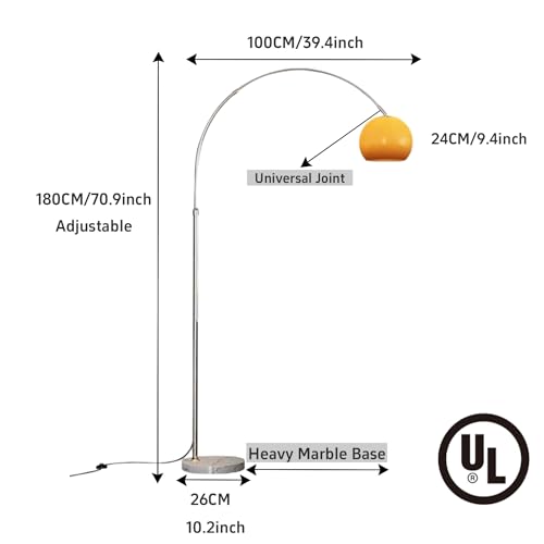 Modern LED Arc Floor Lamp Silver Floor Lamp Glass Shade Standing Lamp with Marble Base Floor Light for Living Room Reading Bedroom Home Office