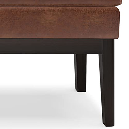 SIMPLIHOME Carlson Ottoman Bench - 45 inch Wide Upholstered Vegan Leather Rectangle Ottoman in Distressed Saddle Brown, Mid Century Modern Bench for Bedroom or Living Room with Padded Seat - color: Brown, style: Ottoman Bench