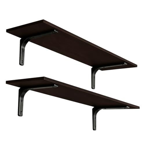 Long Wall Shelves, 39.4Inch Wooden Wall Mounted Shelves, Set of 2 | Large Floating Book Shelf with Metal Brackets, Easy Assembly, Max Load 33lbs, Wall Storage Ledges, Bedroom/Bathroom, Espresso - color: Espresso, size: 39.4 Inch