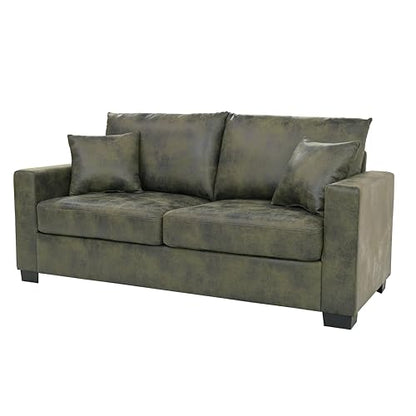 Eafurn 69" Small Loveseat Sofa Couch, Mid-Century Modern PU Leather 2-Seater Sofa with Wood Frame & 2 Pillows, Compact Space-Saving Couch for Living Room, Apartment, Office - color: Olive Green 69"