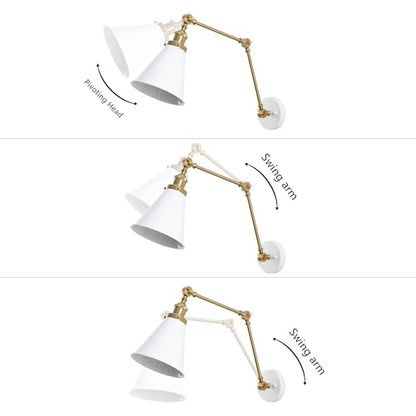 JONATHAN Y Rover 1-Light Wall Sconce 7", White/Brass Gold, Set of 2 | Adjustable Arm, Hardwired Bedside Reading Swing Arm, Farmhouse Cone Shade, Metal Hardwired Indoor Fixture, LED Bulbs Included - color: White/Brass Gold, size: Set of 2
