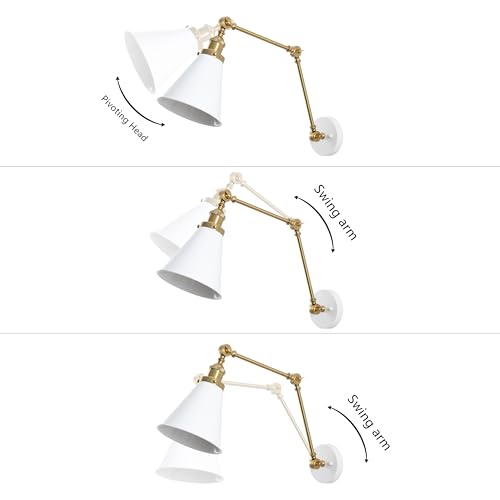 JONATHAN Y Rover 1-Light Wall Sconce 7", White/Brass Gold | Adjustable Arm, Hardwired Bedside Reading Swing Arm, Farmhouse Cone Shade, Metal Hardwired Indoor Fixture, LED Bulbs Included - color: White/Brass Gold, size: Set of 1