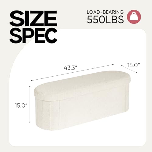 43 Inches Oval Ottoman with Storage, Boucle Sherpa Storage Ottoman Bench, Folding Foot Rest Chest for Bedroom Living Room - color: White, size: 43"D x 15"W x 15"H
