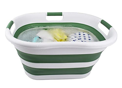 SAMMART 40L (10.5 gallon) Collapsible Plastic Laundry Basket - Foldable Pop Up Storage Container/Organizer - Portable Washing Tub - Space Saving Hamper/Basket (1, White/Dark Sea Green) - color: White/Dark Sea Green