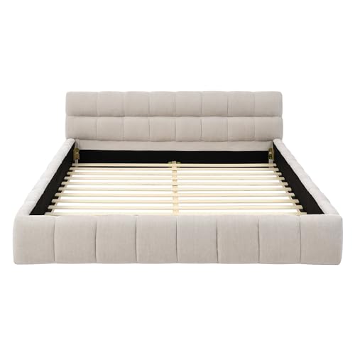 Chenille Fabric Upholstered Platform Bed Frame with Soft Headboard, Modern Low Profile Grounded Design, No Box Spring Needed, Sturdy MDF & Wood Frame, Neutral Style, Beige, Queen - color: Beige, size: Queen (U.S. Standard)