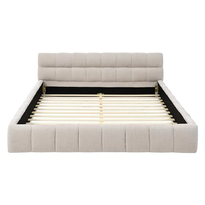 Chenille Fabric Upholstered Platform Bed Frame with Soft Headboard, Modern Low Profile Grounded Design, No Box Spring Needed, Sturdy MDF & Wood Frame, Neutral Style, Beige, Queen - color: Beige, size: Queen (U.S. Standard)