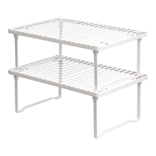 Amazon Basics Space-Saving Stackable Metal Kitchen Cabinet Organizer Shelves for Dishes, Pantry Organization, 12.5" L x 8" D x 4.5" H, Set of 2, White