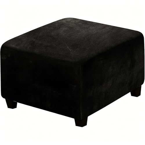 Square Stretch Velvet Ottoman Cover Elastic Bottom Thick, Soft, Removable & Washable Protector for Footstool Folding Storage Ottoman Footrest Cube Stool Hassock(Black,Large) - color: Black, size: Large