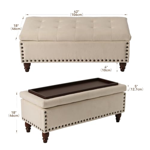 42'' End of Bed Storage Bench with Dual-Surface Lid, Upholstered Ottoman with Hidden Storage, Chenille Bench Seating with Wood Panel Seat for Entryway,Living Room,Bedroom-White - color: 1-white