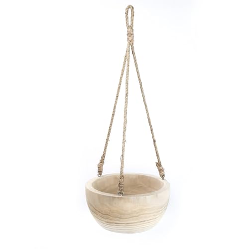 CYS EXCEL Large Wooden Hanging Planter Paulownia Wood Bowl Basket with Jute Rope for Indoor Plants Succulents - size: 10"