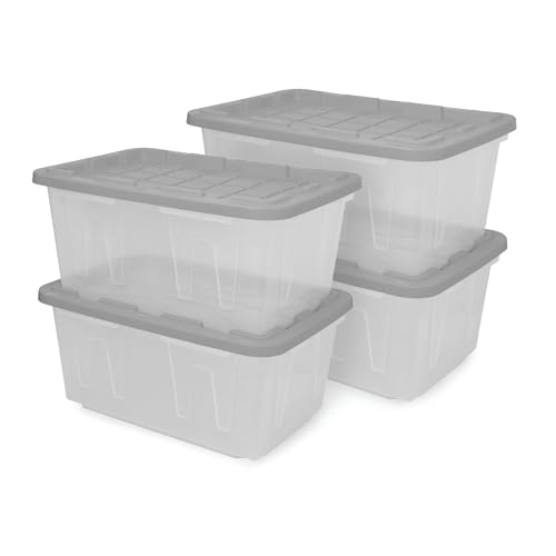 CX 27-Gallon Heavy Duty Clear Stackable Storage Bins with Lids, 4 Pack Gray | Clear plastic totes for garage organization, Stackable, weather-resistant, snap lids, 14.3H x 20.6W x 30.6D, Clear/gray - size: 4 Pack, style: Clear & Gray