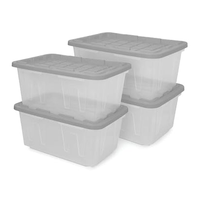 CX 27-Gallon Heavy Duty Clear Stackable Storage Bins with Lids, 4 Pack Gray | Clear plastic totes for garage organization, Stackable, weather-resistant, snap lids, 14.3H x 20.6W x 30.6D, Clear/gray - size: 4 Pack, style: Clear & Gray