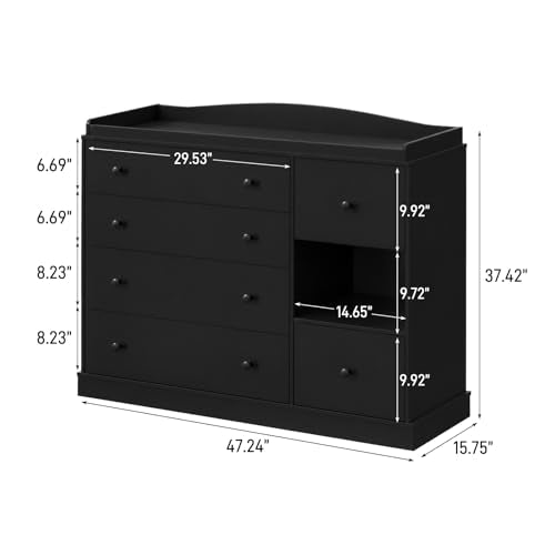 Kids Dresser Cabinet with 6 Drawers, Changing Table for Nursery with Shelf, Multi-Functional Chest of Drawers, Kids Bedroom Furniture, Nightstand for Children's Room, Black - color: Black