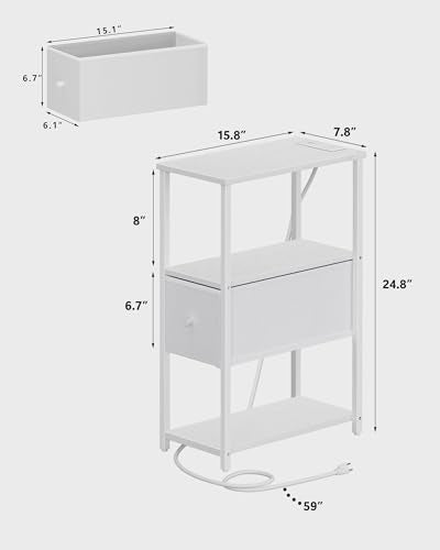 TUTOTAK Small Narrow End Table with Charging Station, Set of 2 | Side Table with Outlets, Nightstand with Cloth Drawer, Couch Table for Living Room, Bedroom, Bedside, White TB01BW058 - color: White, style: 1 Drawer & Plug
