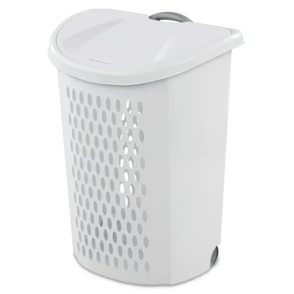 Wheeled Plastic Laundry Hamper,Adult-Sized White Rolling Basket, Large Capacity, Easy-Clean for Home/Laundry Room/Dorms