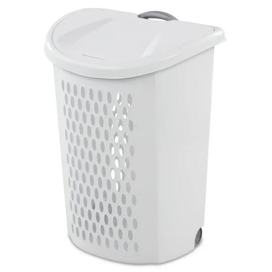 Wheeled Plastic Laundry Hamper,Adult-Sized White Rolling Basket, Large Capacity, Easy-Clean for Home/Laundry Room/Dorms
