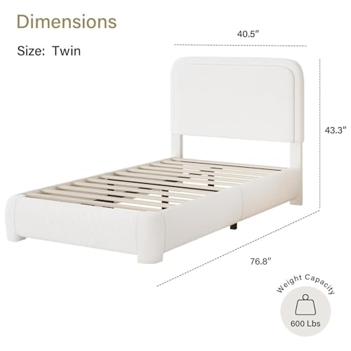BarnFurin Twin Bed Frame, Cloud Boucle Headboard, Rounded Corners, White | Soft boucle and rounded edges create a low-profile cloud look. Wooden slats support the mattress without a box spring - color: White, size: Twin