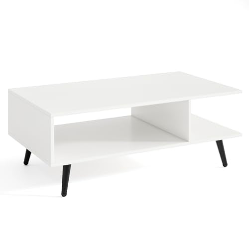 GOFLAME Wood Coffee Table, 2-Tier Mid Century Modern Center Table with 2 Open Storage Compartments & Metal Legs, Rectangular Accent Tea Tables for Living Room, Home Office, Apartment, White - color: White