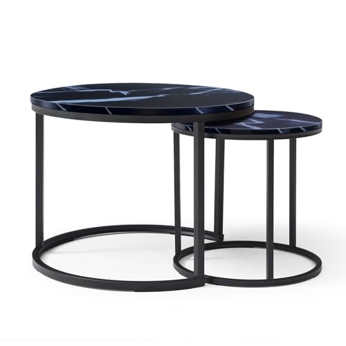 Nesting Side Tables, Coffee Table Set of 2 with Sturdy Metal Frame, Modern Industrial Simple Nightstand for Living Room Bedroom Apartment (Black) - color: Black