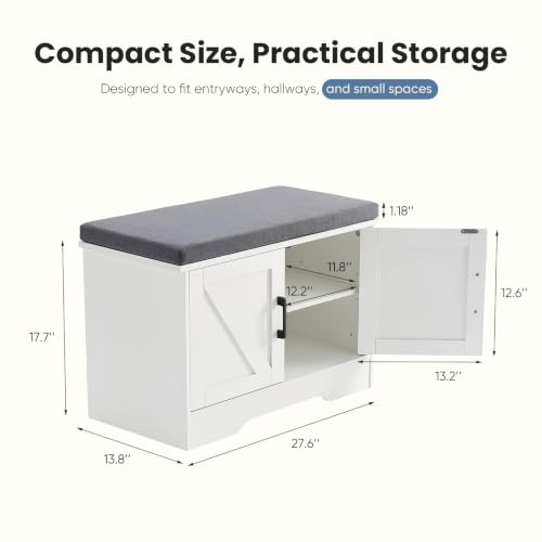 DUMOS 28" Shoe Storage Bench, Entryway Shoe Organizer Cabinet with Padded Seat Cushion, Adjustable Shelf and 2 Doors, Compact Storage Bench for Small Spaces, Hallway, Bedroom, Living Room, White - size: 28 inches