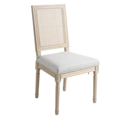 Kmax Farmhouse Dining Room Chairs, Fabric French Distressed Bedroom Chairs with Rectangle Rattan Back, Elegant Tufted Kitchen Chairs, Set of 2, Light Grey - color: White Wash/Rattan Light Grey, size: 2 Chairs