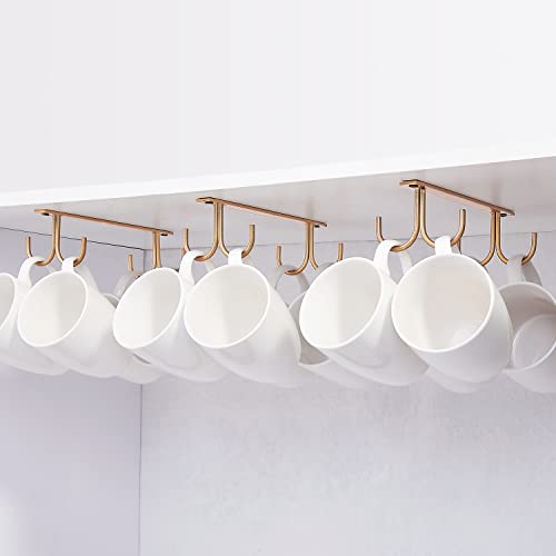 FOMANSH Mug Rack Under Cabinet - Coffee Cup Holder, 12 Mugs Hooks Under Shelf, Display Hanging Cups Drying Hook for Bar Kitchen Utensils Gold - color: Gold, size: 3 Pack