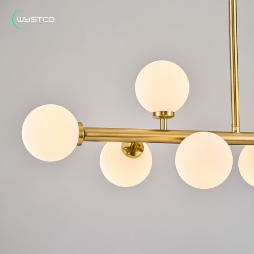 Mid Century Modern Globe Sputnik Chandelier, 8-Light Linear Chandeliers for Dining Room and Kitchen Island, Dining Light Fixture Over Table, Brass Gold and Milk White Glass Bubble, 32 Inch - color: Gold Milk White, size: 8-Light 32 Inch