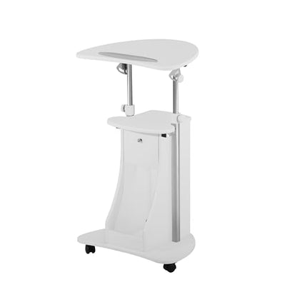 Techni Mobili Adjustable Height Rolling Laptop Cart with Storage, White | Adjustable height rolling laptop cart with storage, open shelf, wheels, sit‑to‑stand ideal for podium office medical use - color: White